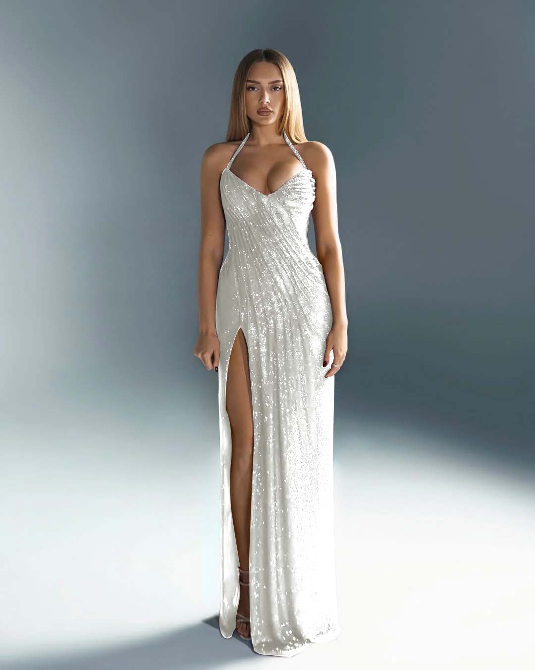 Sleeveless Halter Straps V-Neck Slit Prom Dress With Sequin