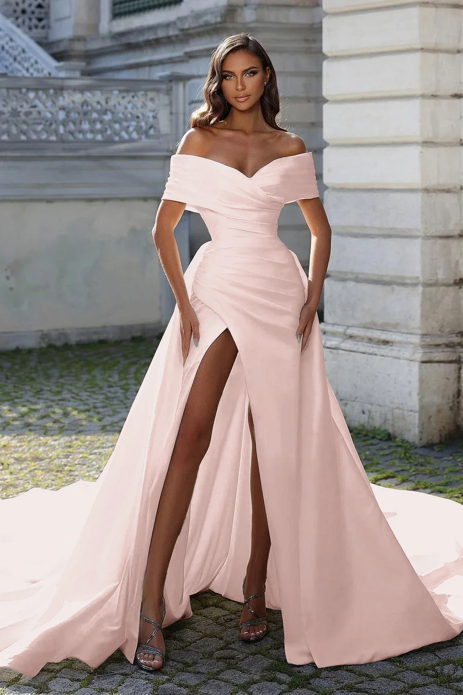 White Split Off-The-Shoulder Long Strapless Prom Dress With Detachable Trail