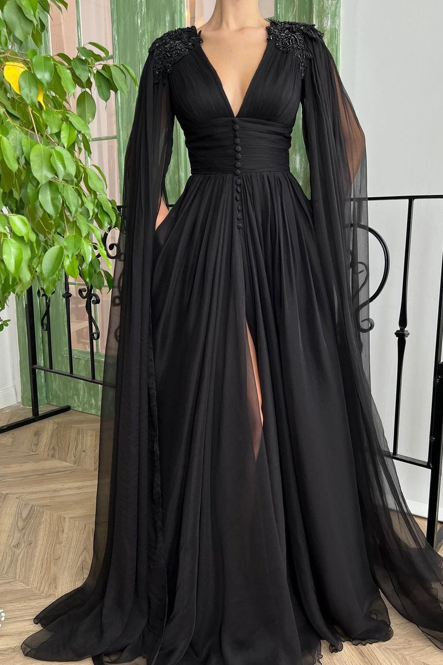Elegant Black Deep V Neck Tulle Maxi Cocktail Evening Party Dress Front Slit Ruffle Sleeves