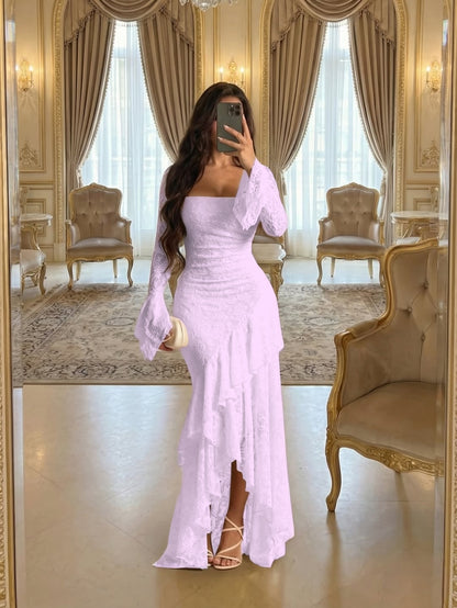 Elegant Cream Square Long Sleeves Ruffles Lace Evening Dress