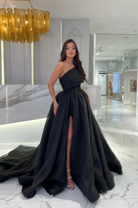 Black Satin Sleeveless One Shoulder Strap Long Prom Dress With Slit
