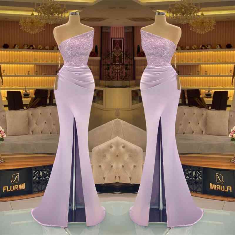 Light Purple Sleeveless Strapless Mermaid Prom Dress Long Slit with Sequins