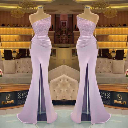 Light Purple Sleeveless Strapless Mermaid Prom Dress Long Slit with Sequins