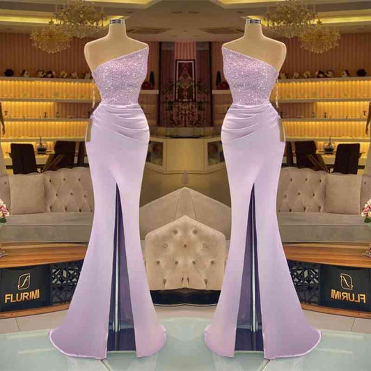 Light Purple Sleeveless Strapless Mermaid Prom Dress Long Slit with Sequins