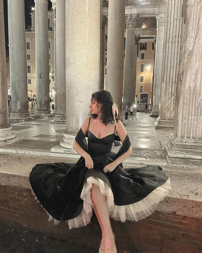 Princess Cute A Line Spaghetti Strap Black Satin White Tulle Party Dress Evening Dress SH2844