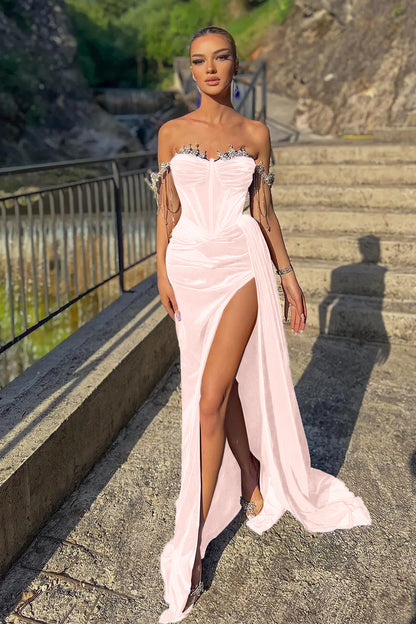 Velvet Off-the-Shoulder Split Beads Mermaid Prom Dress With Ruffles