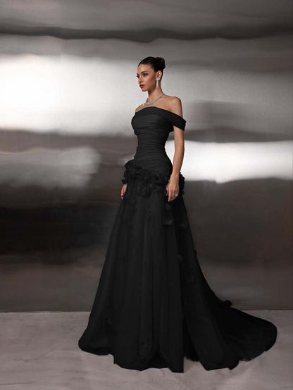 Off Shoulder Sleeveless A-Line Handmade Flower Prom Dress