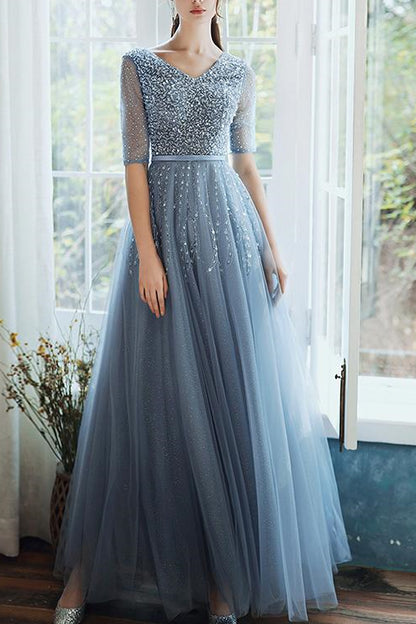 Dusty Blue Hale Sleeves Long Evening Dress Lace-Up With Sequins On Sale
