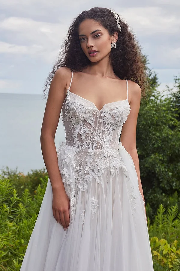 White Sleeveless Spaghetti Straps V-Neck Embroidery Prom Dress