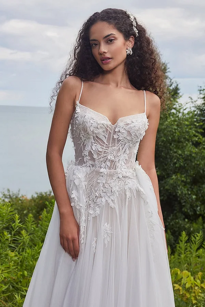 White Sleeveless Spaghetti Straps V-Neck Embroidery Prom Dress