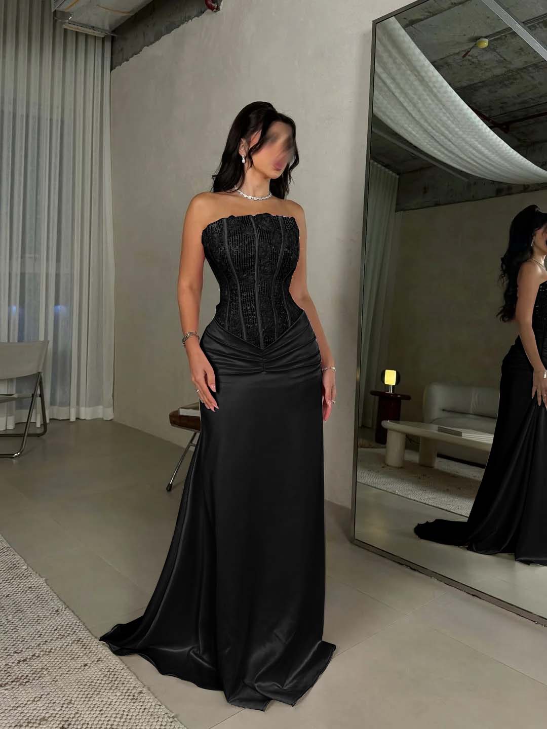 Sleeveless Square Mermaid Strapless Beads Prom Dress