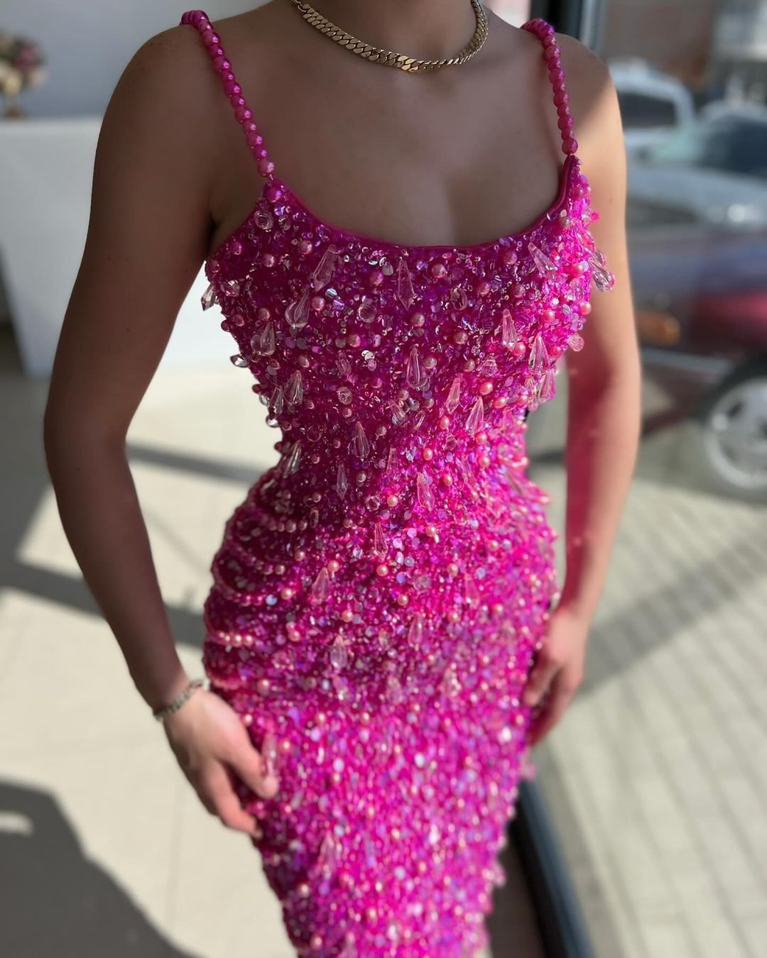 Fuchsia Acrylic Spaghetti-Straps Close-Fitting Mermaid Prom Dress With Pearls Sequins