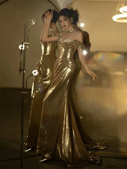 Mermaid Gold Long Prom Dress Sexy Off Shoulder Evening Dresses   fg7664