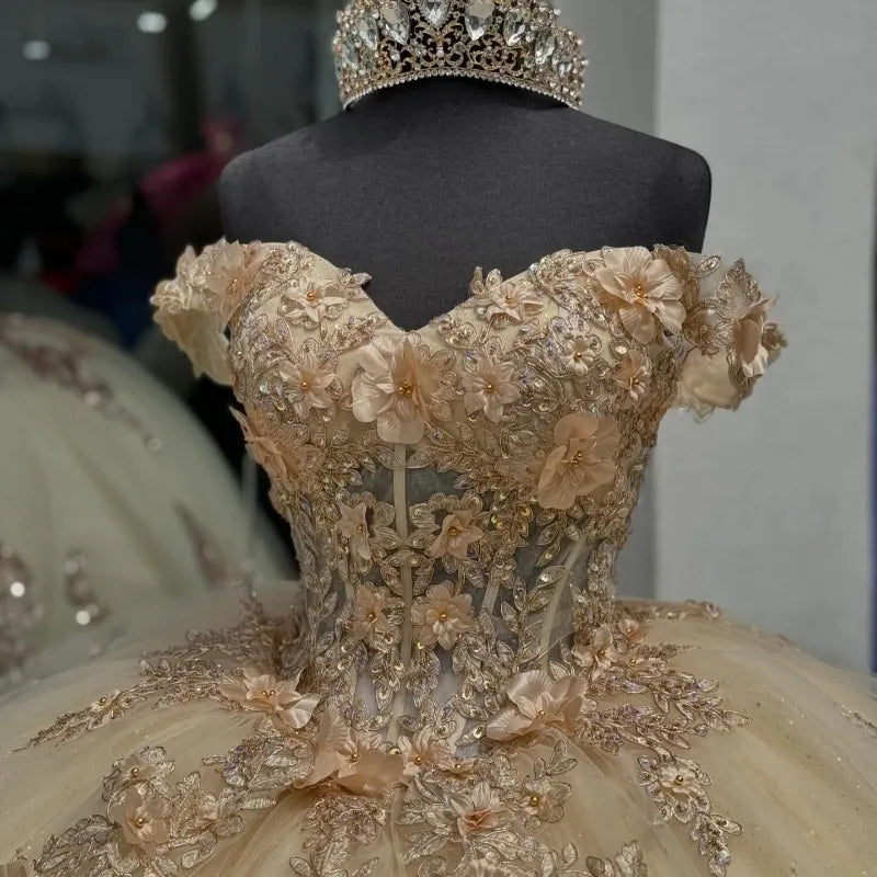 Champagne Off the Shoulder Ball Gown Applique Quinceanera Dress with Train     fg8023
