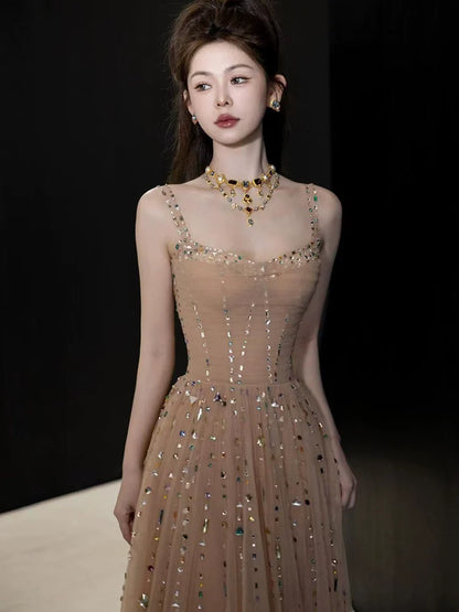 A Line Champagne Long Prom Dress Sexy Evening Dresses   fg7663