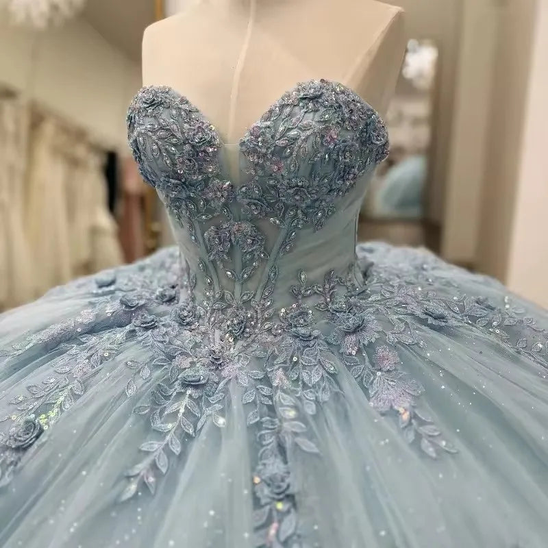 Sparkly Light Blue Quinceanera Dress Cape Flower Lace Vestidos de 15 Anos Birthday Party Princess Ball Gown   fg7914