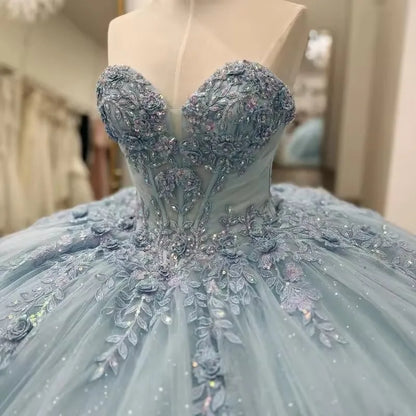 Sparkly Light Blue Quinceanera Dress Cape Flower Lace Vestidos de 15 Anos Birthday Party Princess Ball Gown   fg7914