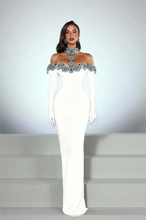 Charming Black Satin Long Sleeves Off the Shoulder Prom Dress with Beadings