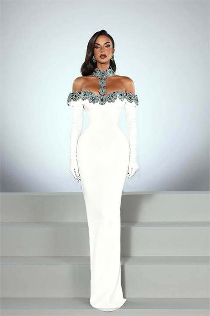 Charming Black Satin Long Sleeves Off the Shoulder Prom Dress with Beadings