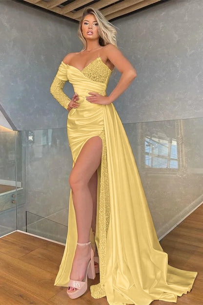 Long Sleeves White Mermaid Prom Dress Split With Sequins