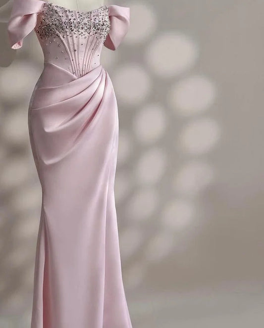 Blushing Pink A-Line Off-the-Shoulder Beads Prom Dress with Pleated