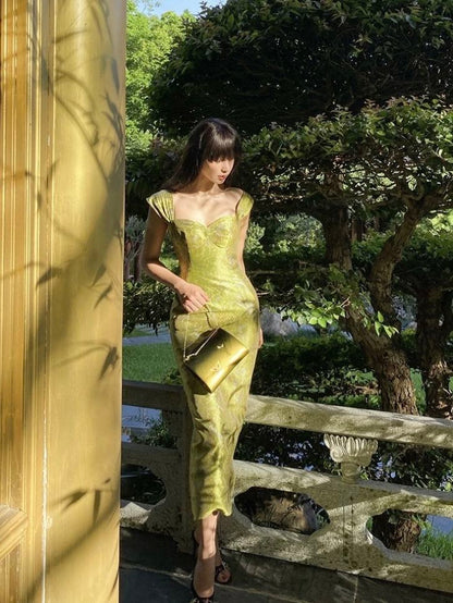 Elegant Sheath Straps Print Flower Green Satin Party Dress Evening Dress SH2867