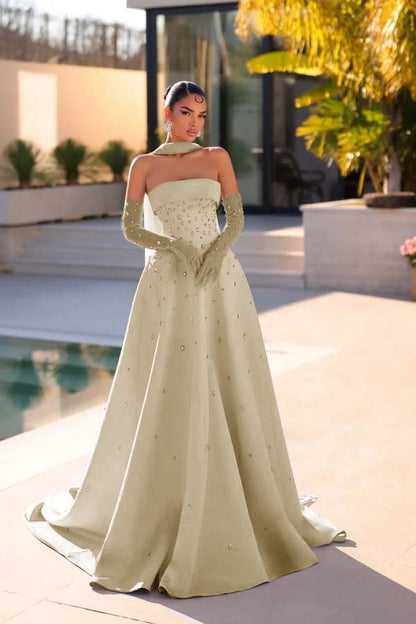 Sleeveless Strapless Long Evening Dress With Appliques Gloves