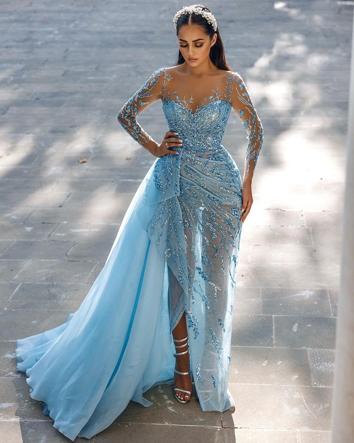 Stunning Sky Blue Long Sleeves Evening Dress Mermaid Split Long With Ruffles Beads