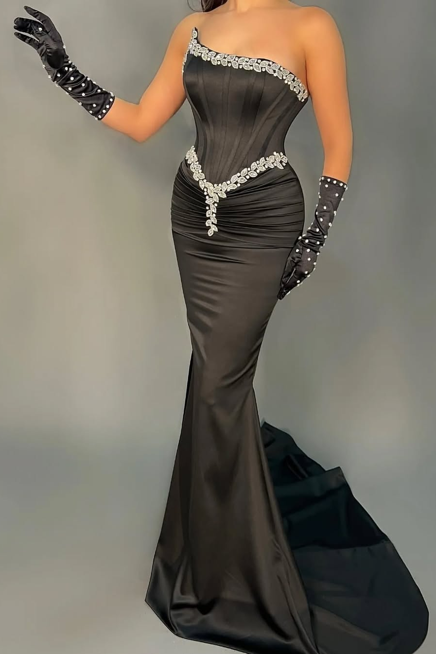 Charming Black Satin Strapless Mermaid Beadings Prom Dress with Gloves