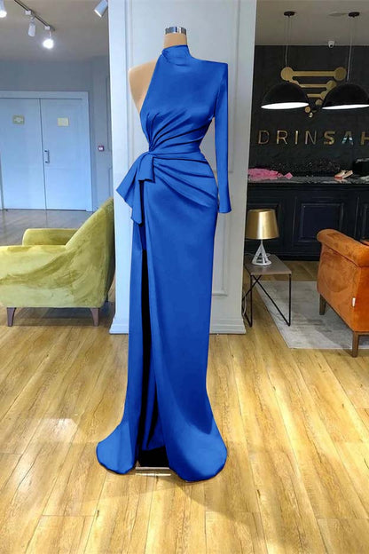 High Neck Champagne Mermaid Prom Dress Long Sleeves Split