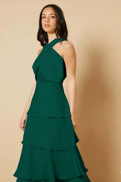 Sleeveless Halter Straps A Line Long Ruffles Prom Dress