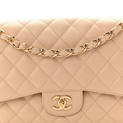 Caviar Quilted Jumbo Double Flap Beige Clair