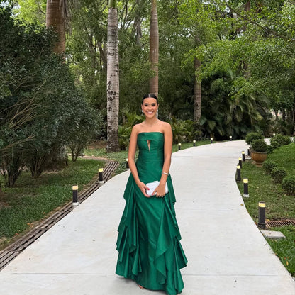 Dark Green Sleeveless Strapless A Line Long Prom Dress With Pleated