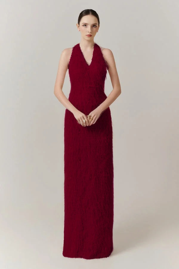 Sleeveless Halter Straps V-Neck Feathered Mermaid Evening Dress with Pearl Details