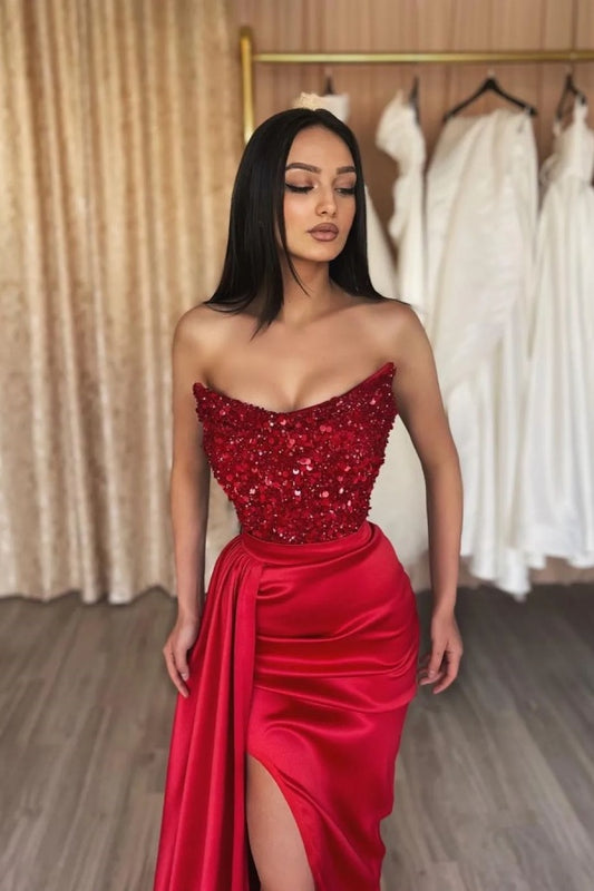 Red Strapless Sleeveless Prom Dress Slit with Sequins