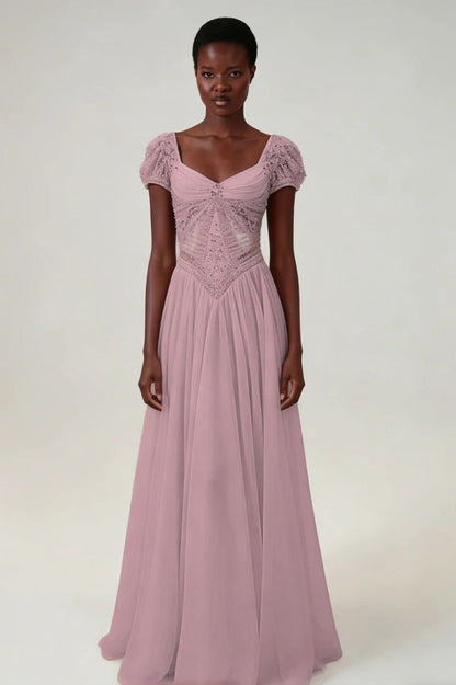 Stunning Blushing Pink Chiffon Sleeveless Long Evening Dress With Sequins