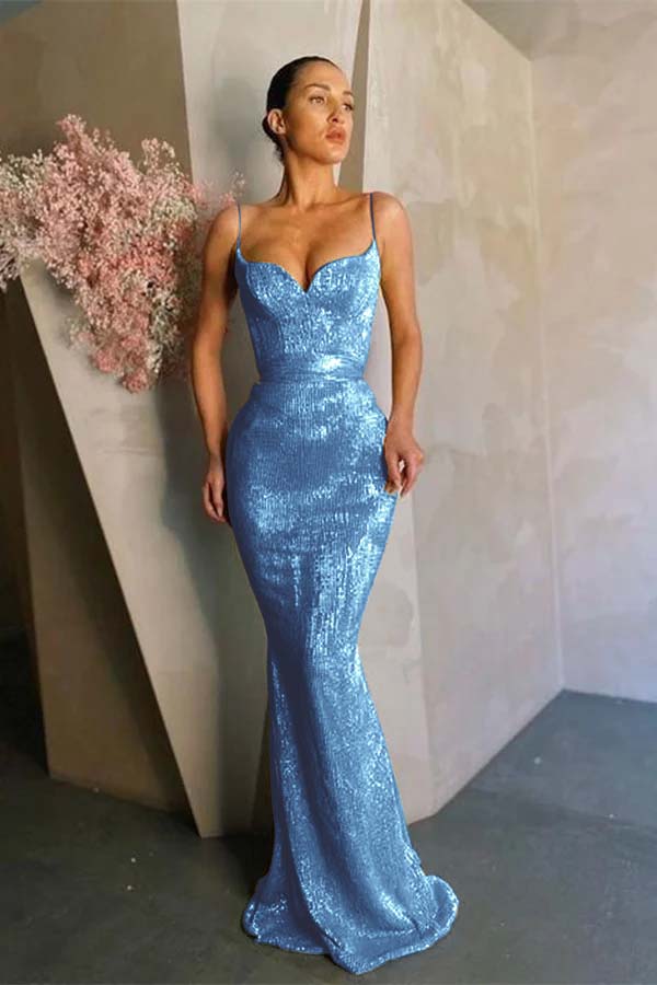 Mermaid Spaghetti-Straps Sequins Prom Dress Long