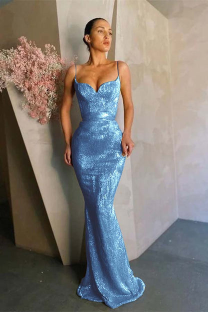 Mermaid Spaghetti-Straps Sequins Prom Dress Long