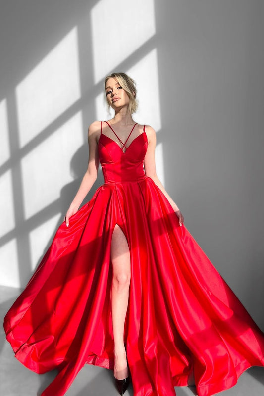 Red Sleeveless Spaghetti Halter Straps V-Neck A-Line Prom Dress