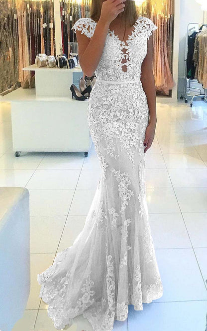 Appliques Mermaid Cap Sleeve Prom Dress