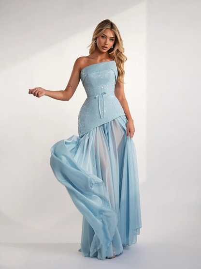 Charming Blue Straight Across Sleeveless Sequins Pleated Evening Dress