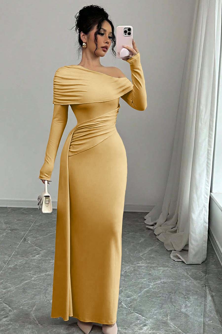 Long Sleeves One-Shoulder Pleated Mermaid Prom Dress