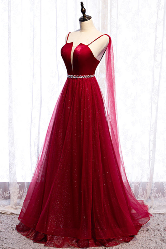 Burgundy Spagetti-Strap Sleeveless Prom Dress Tulle Ruffles with Beadings