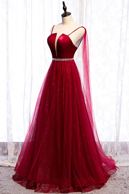 Burgundy Spagetti-Strap Sleeveless Prom Dress Tulle Ruffles with Beadings