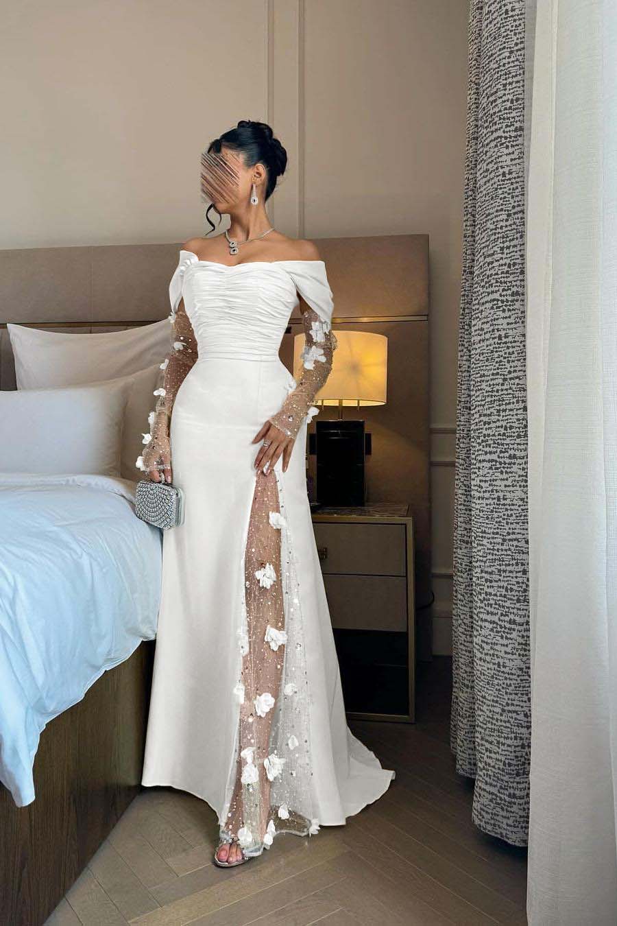 Chic Daffodil Satin Long Sleeves Off the Shoulder Pleated Prom Dress with Sequins