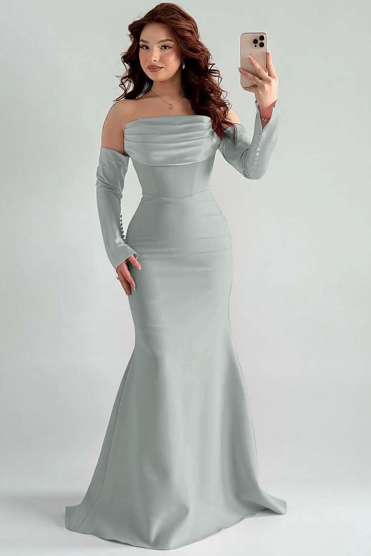 Square Strapless Mermaid Long Sleeves Prom Dress With Pleated