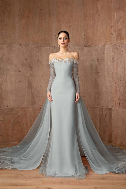 Charming Pink Satin Off the Shoulder Long Sleeves Long Prom Dress with Beadings