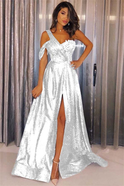 Dark Navy Sequins Glamorous One Shoulder Prom Dress