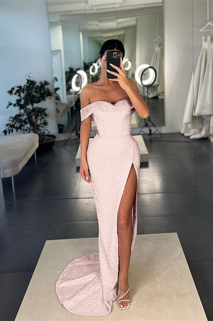 Mermaid White Off-the-Shoulder Sequins Slit Prom Dress