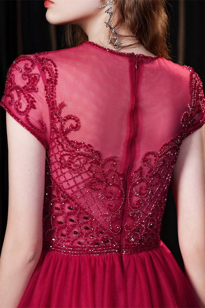 Burgundy Mermaid Evening Dress Tulle Overskirt With Short Sleeves Beadings Online